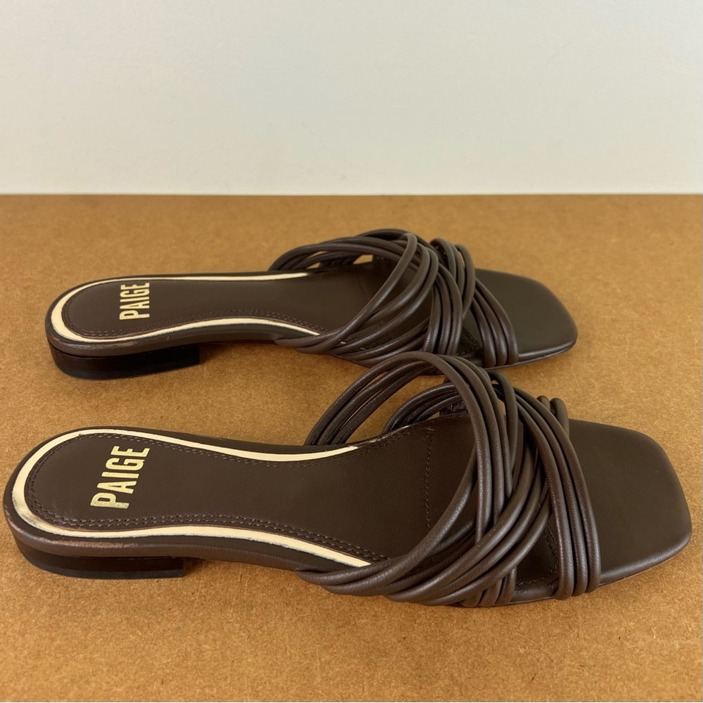 NEW PAIGE BROWN LEATHER FLAT SANDALS - Picture 4 of 13